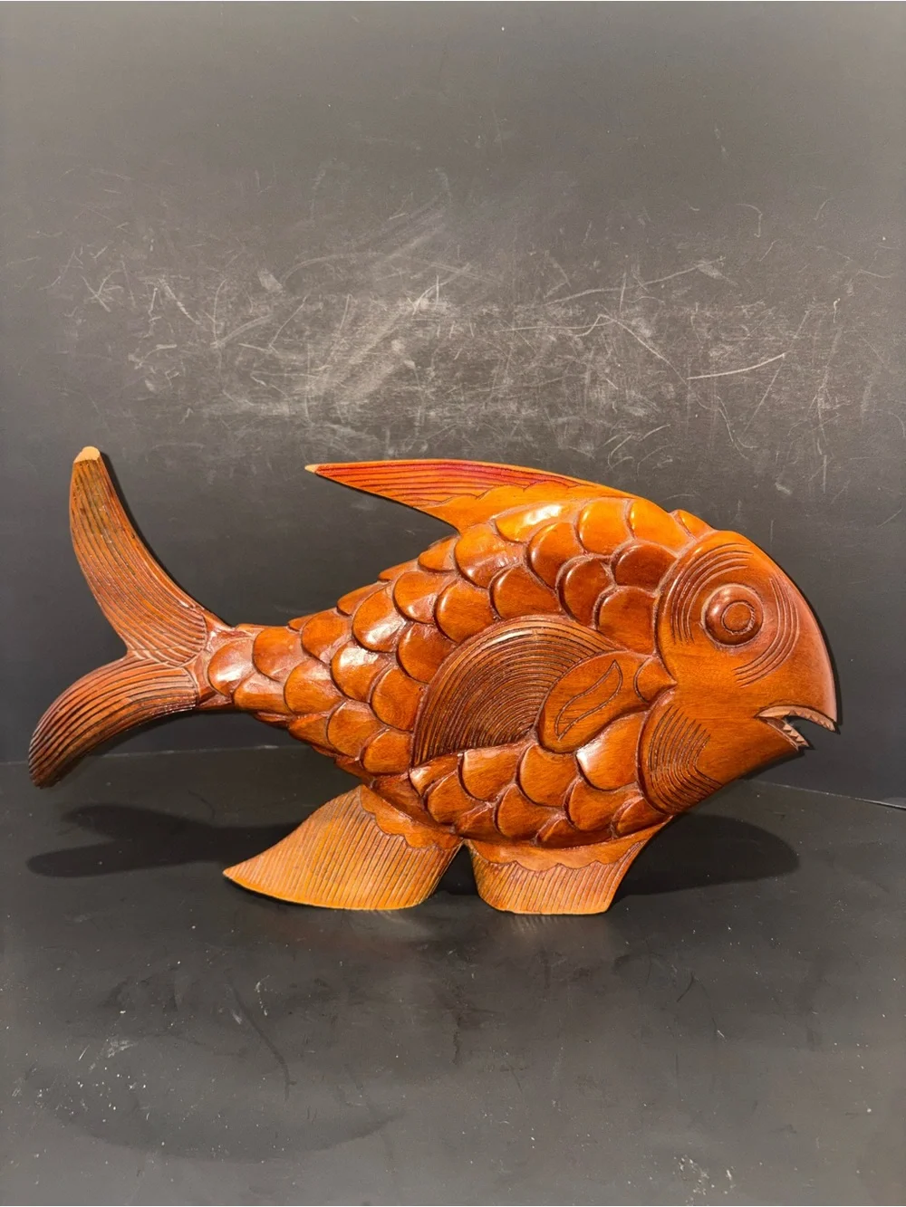 Handcrafted Wood Orange Fish Décor Vintage